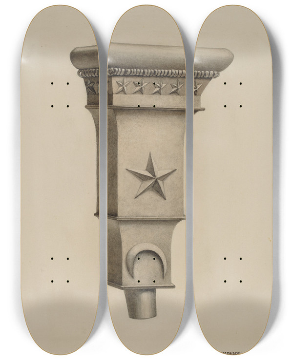 Triptych art skateboard deck of Herbert Barnard Drain Head by Herbert Barnard