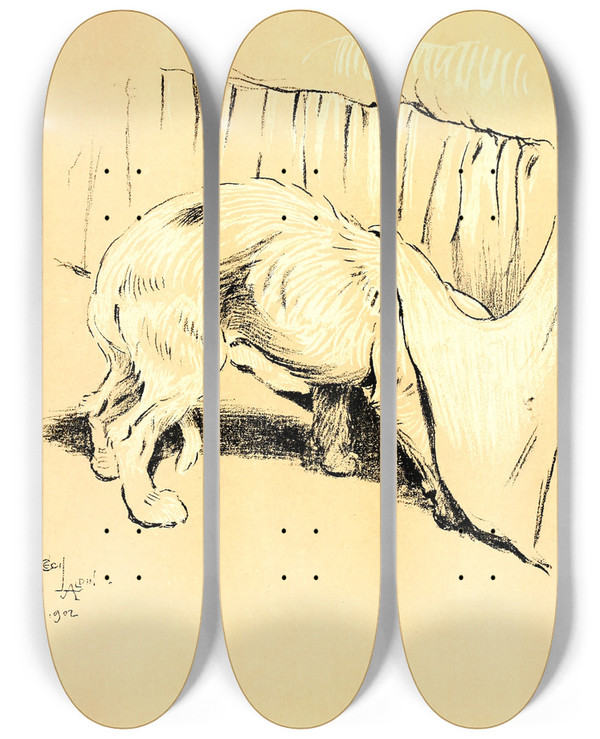Triptych art skateboard deck of Cecil Charles Windsor Aldin A Dog Day Pl 14 by Cecil Charles Windsor Aldin (1870-1935)