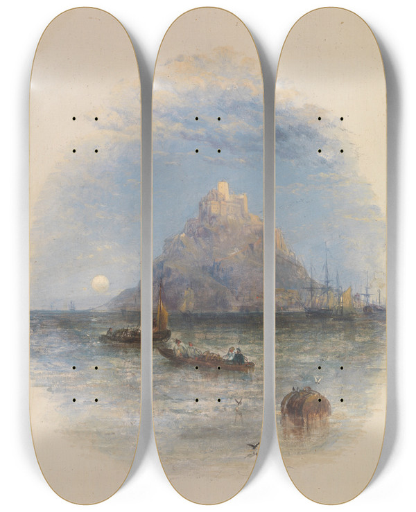 Triptych art skateboard deck of Thomas Creswick St Michaels Mount Cornwall by Thomas Creswick (1811-1869)