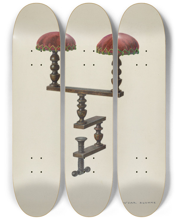 Triptych art skateboard deck of Oscar Bluhme Twin Sewing Bird by Oscar Bluhme