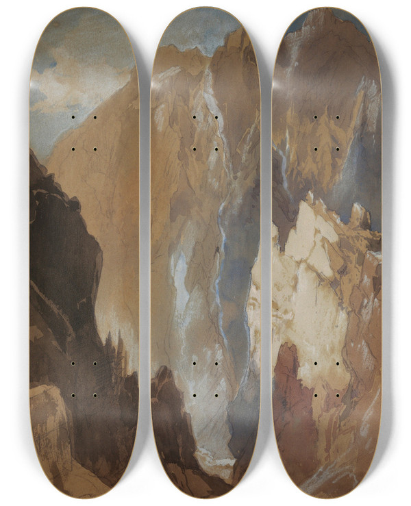 Triptych art skateboard deck of Thomas Moran Toltec Gorge And Eva Cliff From The West Colorado by Thomas Moran (1837-1926)