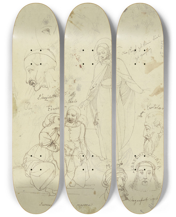 Triptych art skateboard deck of Johann Evangelist Scheffer Von Leonhardshoff Studienblatt Figuren Und Kpfe by Johann Evangelist Scheffer Von Leonhardshoff (1795-1822)