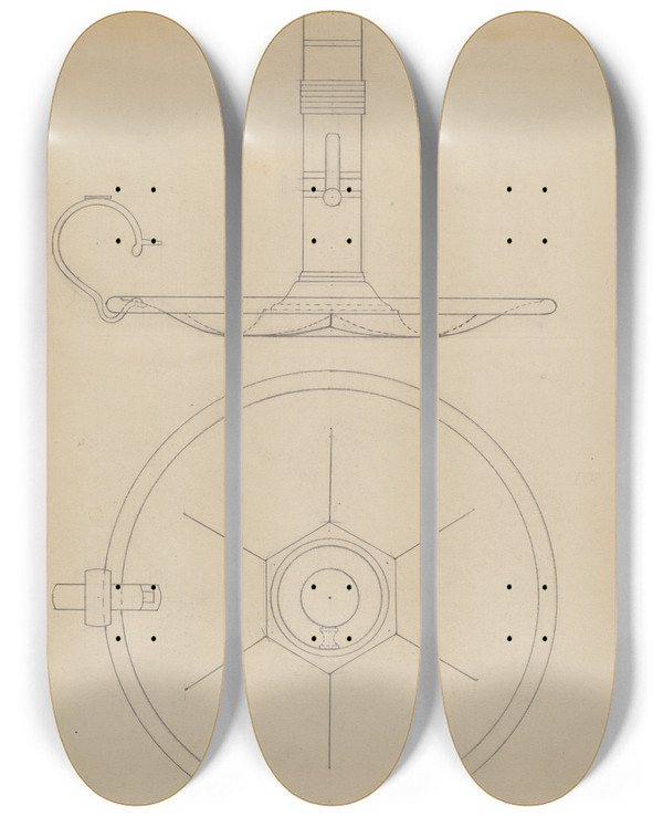 Triptych art skateboard deck of Philip Johnson Candlestick_7 by Philip Johnson