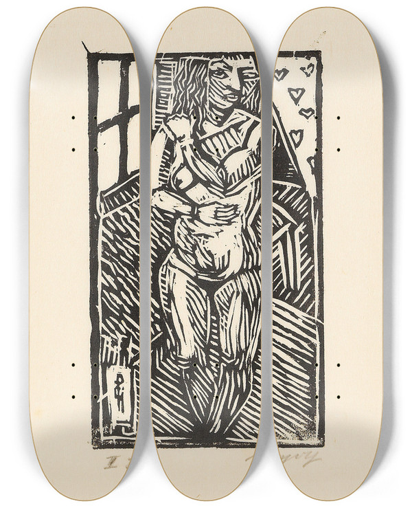 Triptych art skateboard deck of Paul Gangolf Stehender Akt Von Vorne by Paul Gangolf (1879-1936)