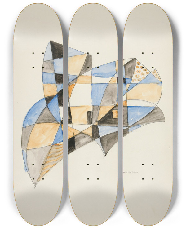 Triptych art skateboard deck of David Kakabadz Abstraction Based On Sailsv by David Kakabadze (1889-1952)