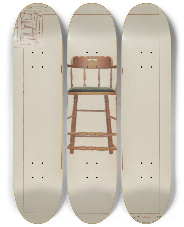 Triptych art skateboard deck of Vincent P Rosel Billiard Chair by Vincent P Rosel