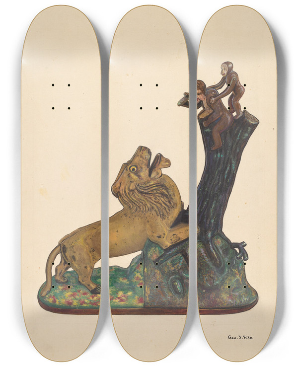 Triptych art skateboard deck of George File Toy Bank Monkey And Lion by George File