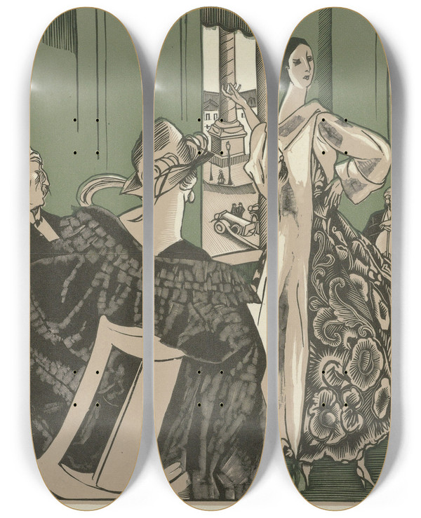 Triptych art skateboard deck of Fernand Simon La Parure by Fernand Simeon (1884-1928)