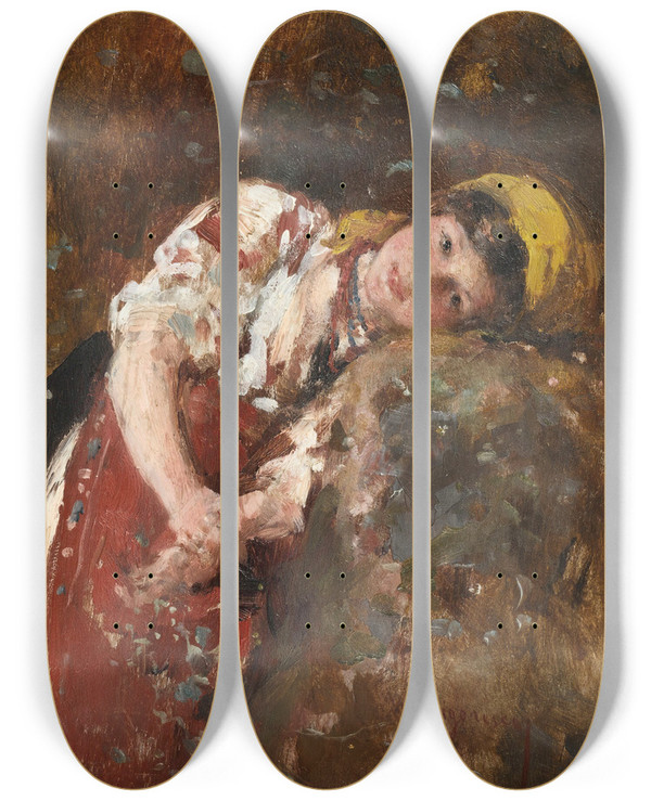 Triptych art skateboard deck of Nicolae Grigorescu Daydreams by Nicolae Grigorescu (1838-1907)