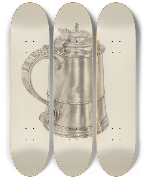 Triptych art skateboard deck of Palmyra Pimentel Silver Tankard by Palmyra Pimentel