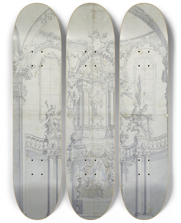 Triptych art skateboard deck of Johann Baptist Zimmermann  Altarentwurf Hinter Sulenbogen Hochaltar In Andechs by Johann Baptist Zimmermann