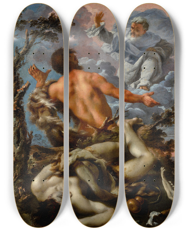 Triptych art skateboard deck of Alessandro Rosi Cain And Abel by Alessandro Rosi (1627-1697)