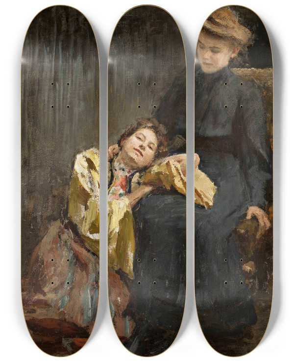 Triptych art skateboard deck of Jan Cigliski Two Sisters by Jan Ciaglinski (1858-1913)