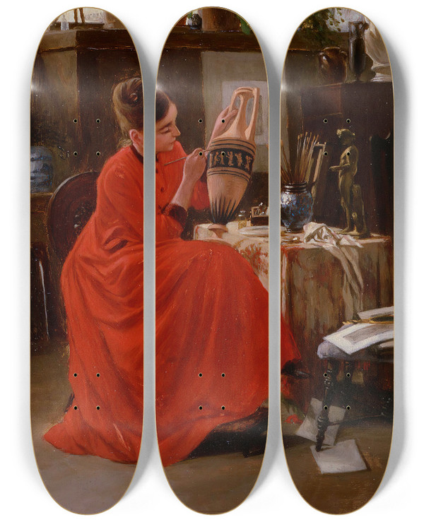 Triptych art skateboard deck of Severin Falkman Interior With Vase Painter by Severin Falkman (1831-1889)