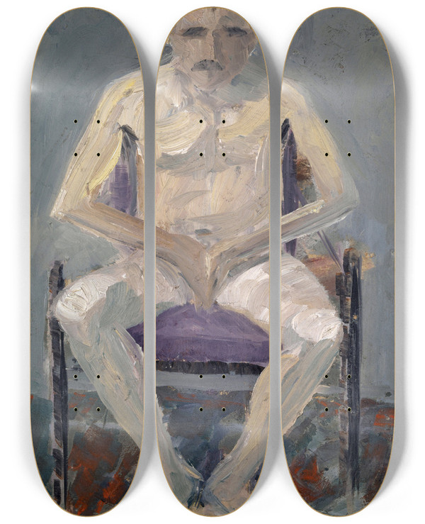 Triptych art skateboard deck of Ernst Schiess Nude On A Upholstered Chair by Ernst Schiess (1872-1919)