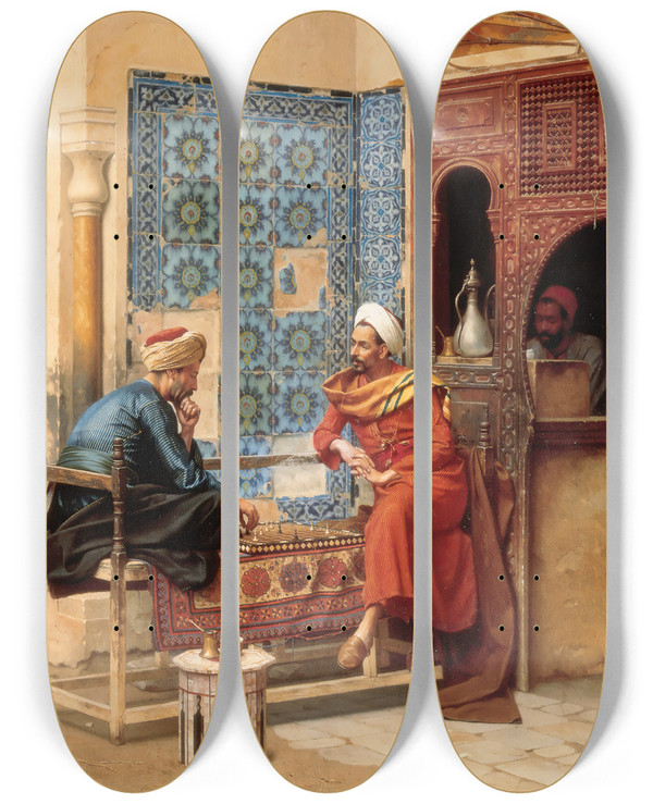 Triptych art skateboard deck of Ludwig Deutsch The Chess Game by Ludwig Deutsch (1855-1935)