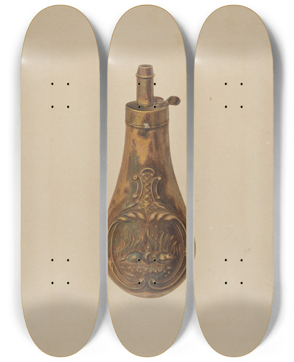 Triptych art skateboard deck of Michael Dadante Powder Flask by Michael Dadante