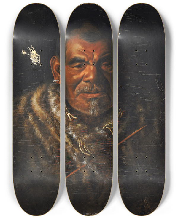 Triptych art skateboard deck of Grace Carpenter Hudson Captain John Abbabapomo by Grace Carpenter Hudson (1865-1937)