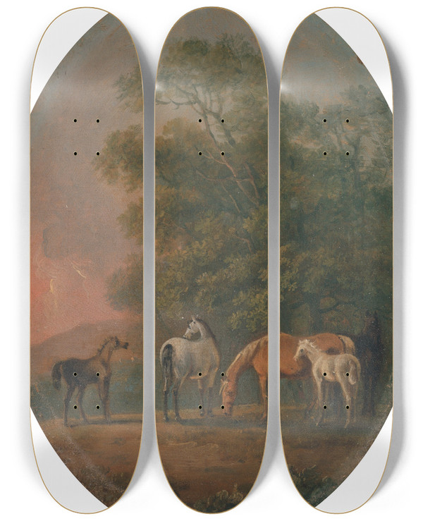 Triptych art skateboard deck of Sawrey Gilpin Mares And Foals by Sawrey Gilpin (1733-1807)