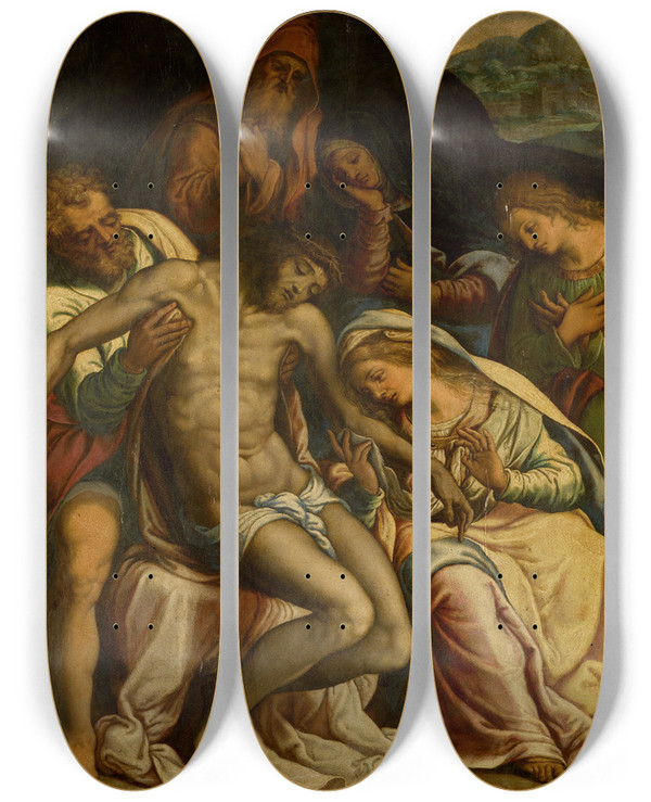 Triptych art skateboard deck of Livio Agresti The Lamentation by Livio Agresti (1505-1579)