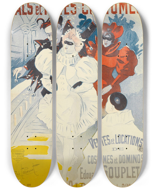 Triptych art skateboard deck of Emile Tabouret Bals Et Fetes Costumes by Emile Tabouret (1850-1927)