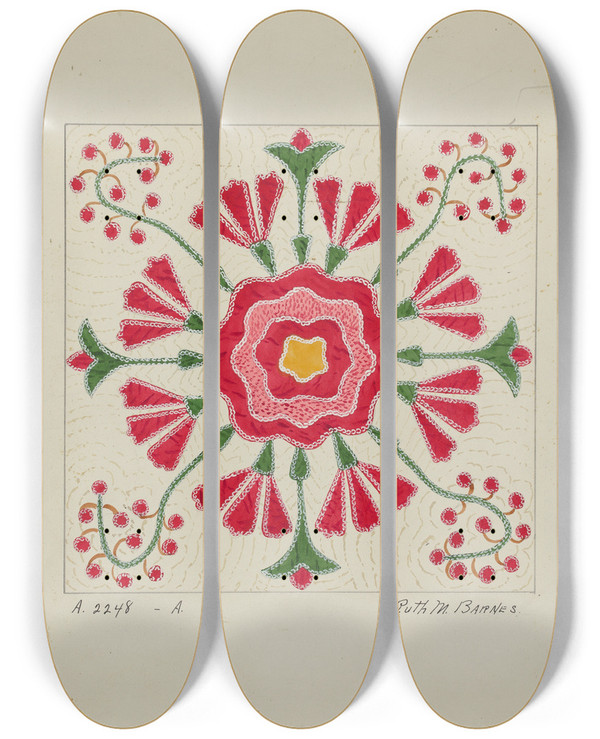 Triptych art skateboard deck of Ruth M Barnes Applique Quilt_2 by Ruth M Barnes