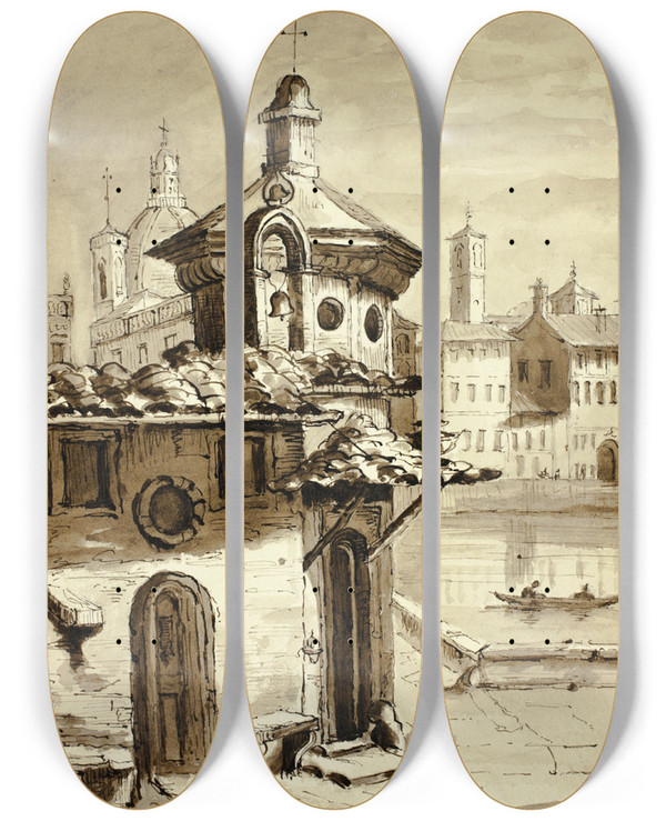 Triptych art skateboard deck of Elizabeth Murray Venetian View by Elizabeth Murray (1815-1882)