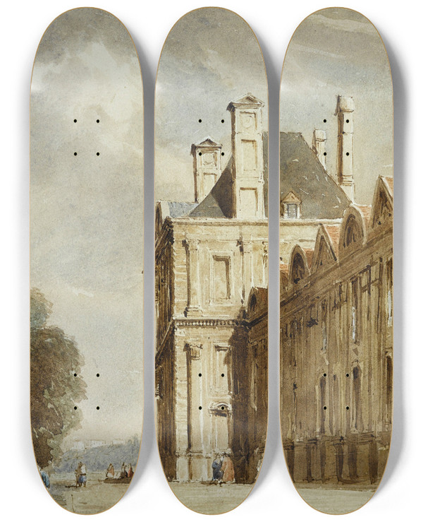 Triptych art skateboard deck of Thomas Shotter Boys Le Pavillon De Flore by Thomas Shotter Boys (1803-1874)