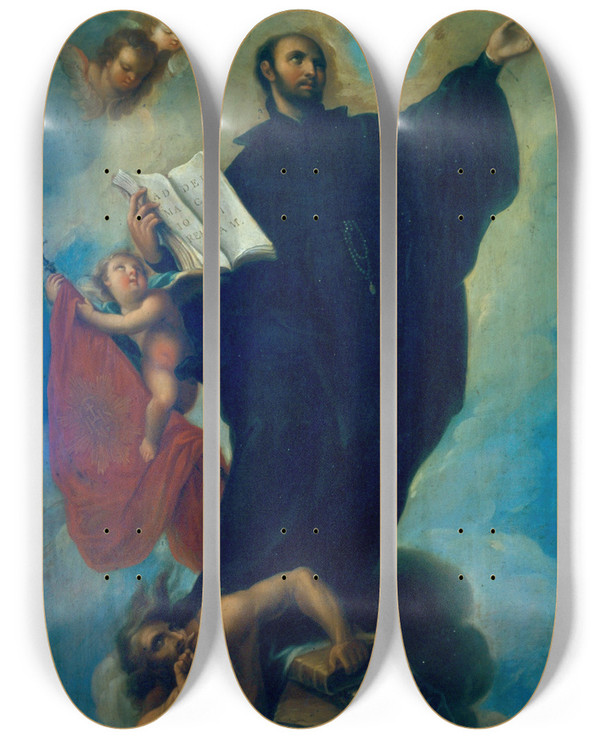 Triptych art skateboard deck of Miguel Cabrera Saint Ignatius Loyola by Miguel Cabrera (1695-1768)