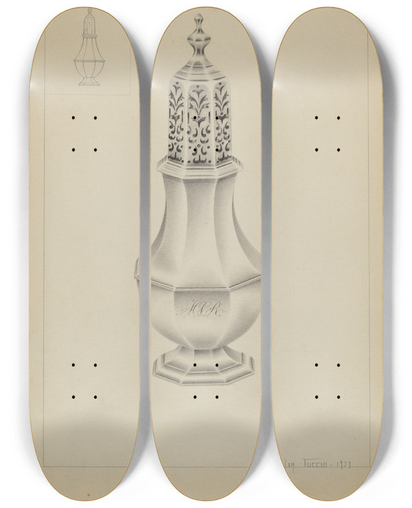 Triptych art skateboard deck of Amelia Tuccio Silver Salt Cellar_1 by Amelia Tuccio (20-)