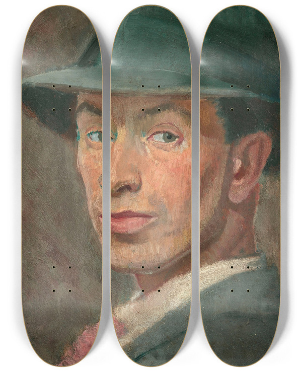 Triptych art skateboard deck of Isaac Rosenberg Self Portrait by Isaac Rosenberg (1890-1918)