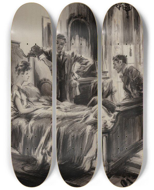 Triptych art skateboard deck of Everett Shinn The Diamond Ring by Everett Shinn (1876-1953)