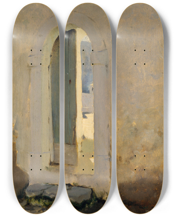 Triptych art skateboard deck of John Singer Sargent Open Doorway Morocco by John Singer Sargent (1856-1925)