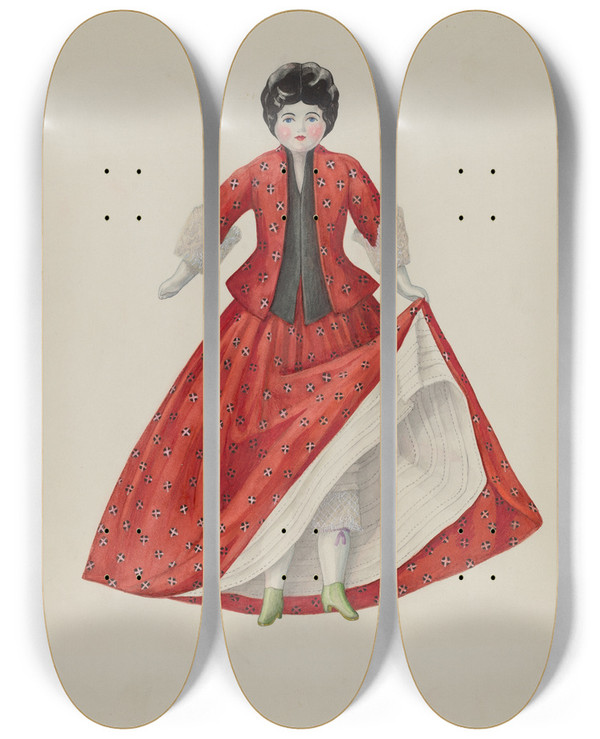 Triptych art skateboard deck of Edith Towner Doll Mitio by Edith Towner (20-)