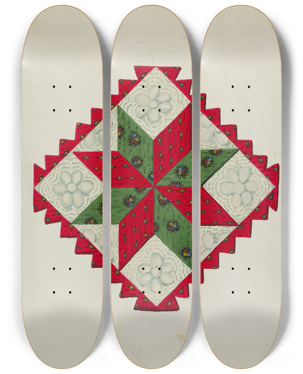 Triptych art skateboard deck of Ruth M Barnes Quilt Block by Ruth M Barnes