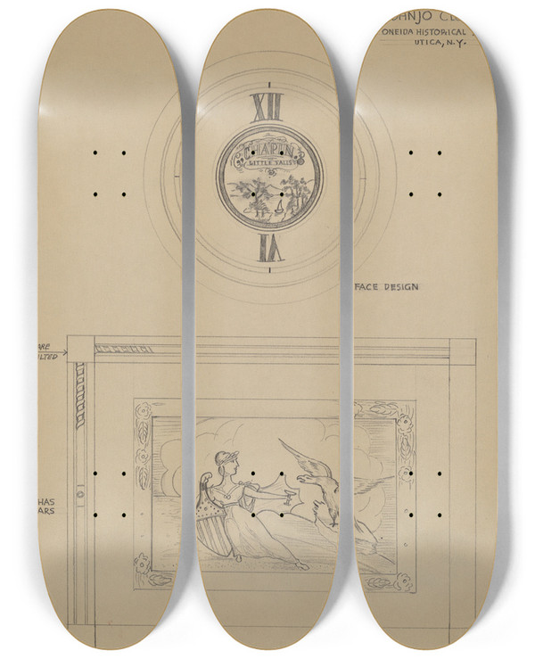 Triptych art skateboard deck of Emilio Zito Banjo Clock by Emilio Zito