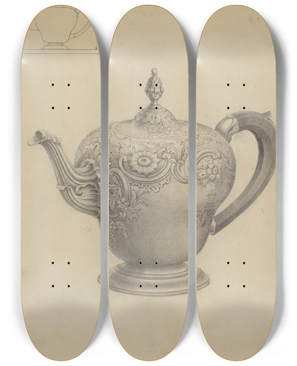 Triptych art skateboard deck of American 20Th Century Silver Teapot_2 by American 20Th Century
