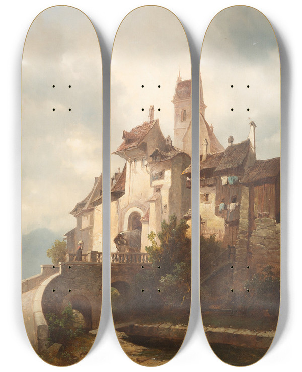 Triptych art skateboard deck of Adolf Gustav Thamm Medieval Town by Adolf Gustav Thamm (1859-1925)