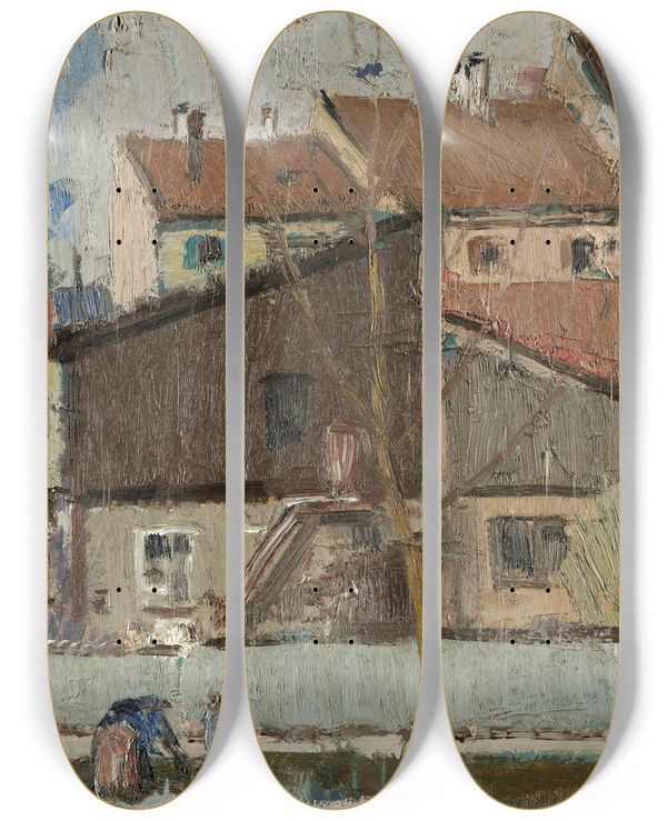 Triptych art skateboard deck of Arnold Fiechter View From The Studio by Arnold Fiechter (1879-1943)