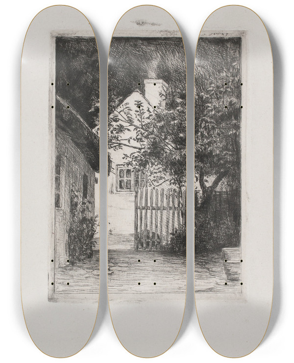 Triptych art skateboard deck of Carl Bloch The Two Houses And The Fruit Tree by Carl Bloch (1834-1890)