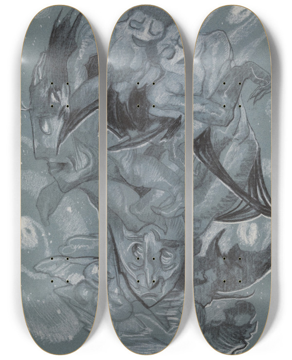 Triptych art skateboard deck of Stanisaw Ignacy Witkiewicz Castor And Pollux Gemini by Stanislaw Ignacy Witkiewicz (1885-1939)