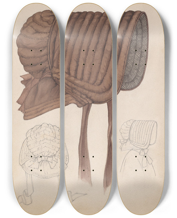 Triptych art skateboard deck of Rosalia Lane Quaker Bonnet by Rosalia Lane