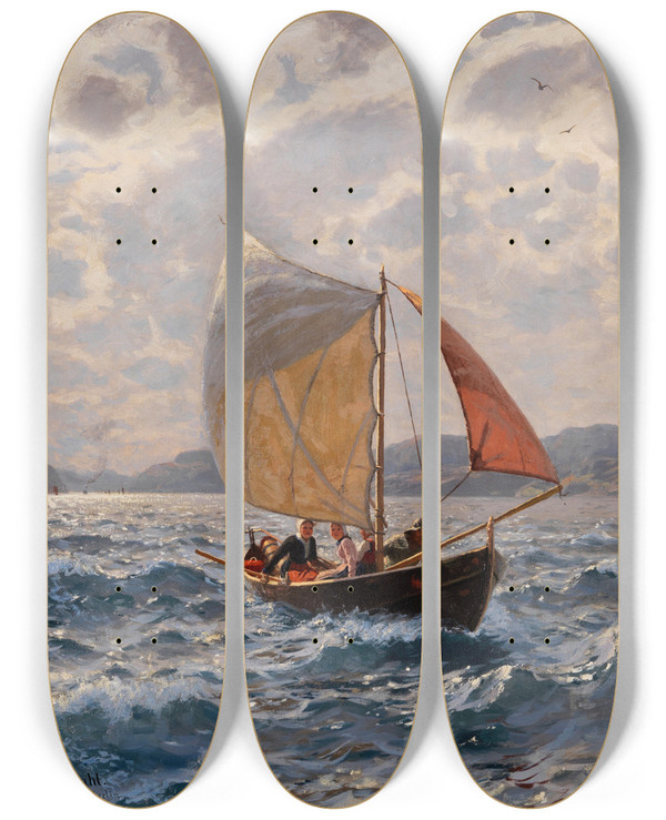 Triptych art skateboard deck of Hans Dahl Mit Dem Winde by Hans Dahl (1849-1937)