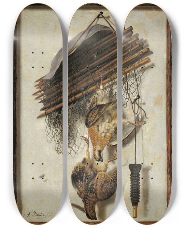Triptych art skateboard deck of Jacob Biltius Dead Wildfowl And A Huntsmans Net Trompe Loeil by Jacob Biltius (1633-1681)