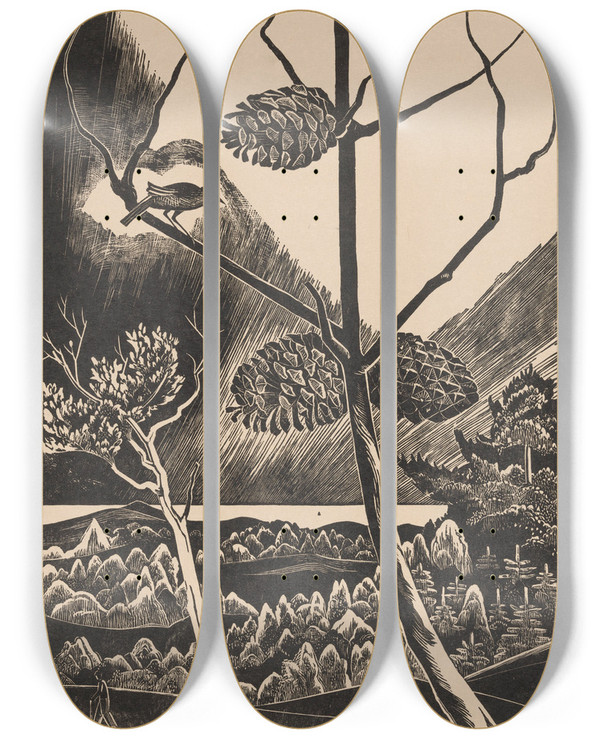 Triptych art skateboard deck of Bernard Essers Dennentak by Bernard Essers (1893-1945)