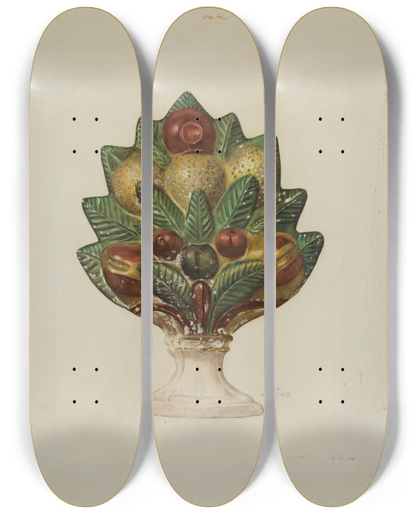 Triptych art skateboard deck of Inez Mccombs Pa German Chalkware Mantel Ornament by Inez Mccombs