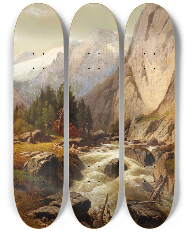 Triptych art skateboard deck of Alois Wolf Mountain Stream by Alois Wolf (1820)