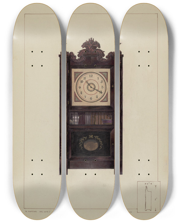 Triptych art skateboard deck of Ralph Morton Clock by Ralph Morton
