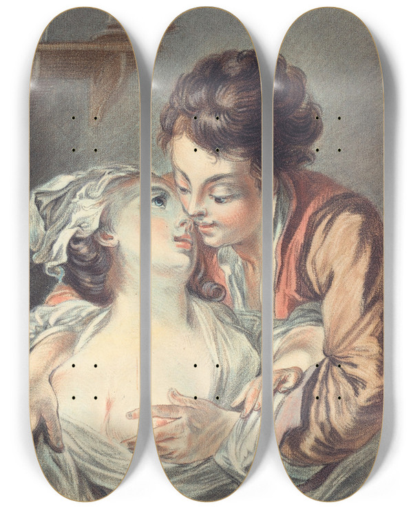 Triptych art skateboard deck of Louismarin Bonnet Le Rendezvous by Louis Marin Bonnet (1736-1793)