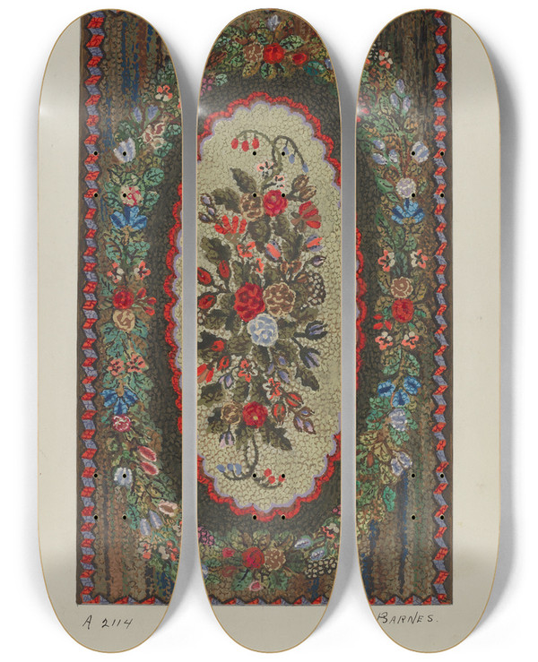 Triptych art skateboard deck of Ruth M Barnes Hooked Rug_1 by Ruth M Barnes